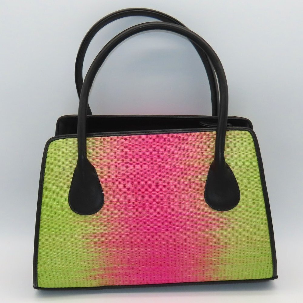 Le Sac Stylish Pink & Green Ombre Woven Palm Straw Handbag Tote